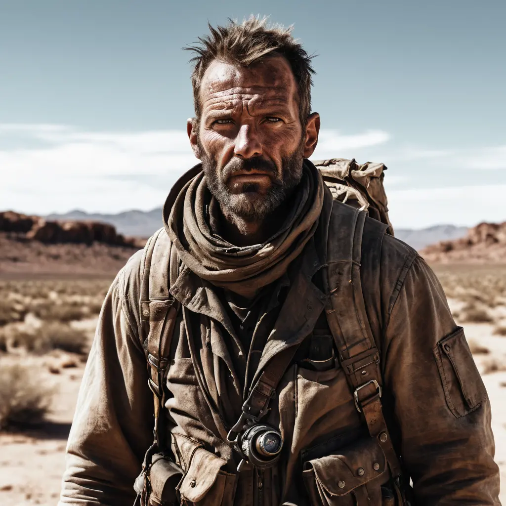 Rugged explorer portrait in a harsh desert wasteland