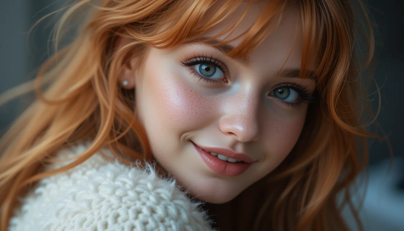 Close up portrait of a flirtatious freckled red haired girl