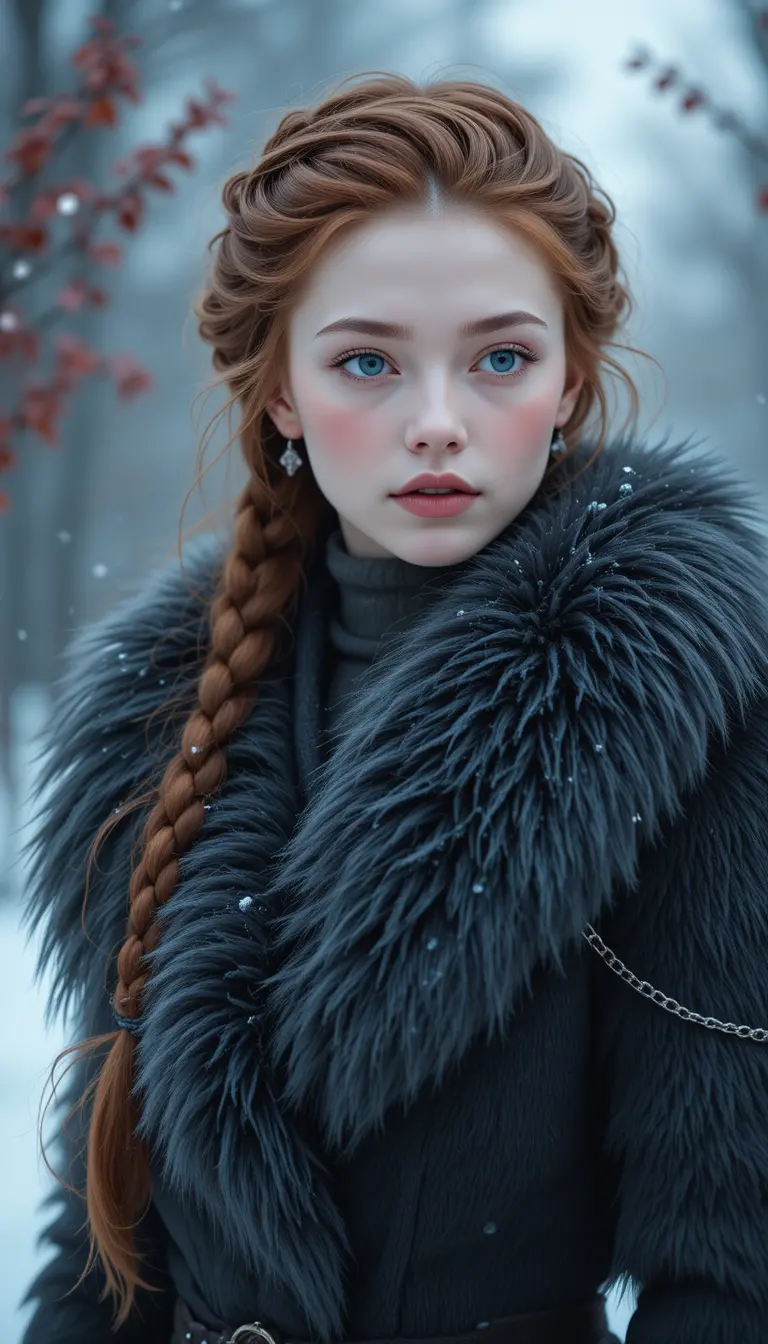Woman in fur collared coat in a quiet winter scene