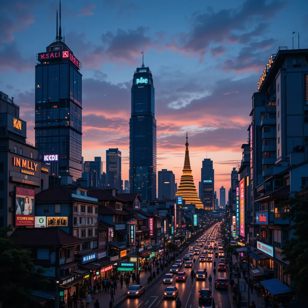 Bustling Asian city street with temples at dusk