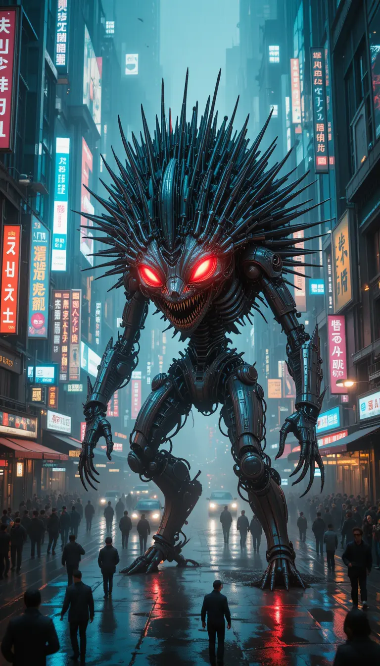 Mechanischer Android-Igel greift eine neonbeleuchtete Cyberpunk-Stadt an