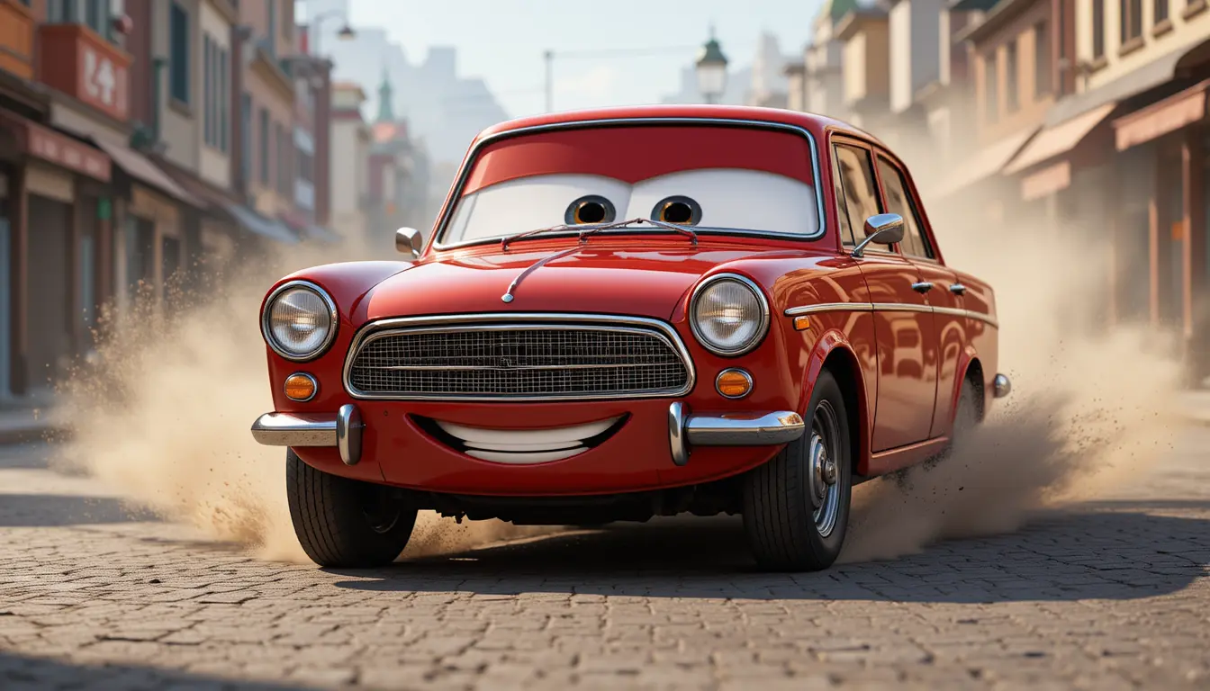 Red lada car racing playfully through city streets