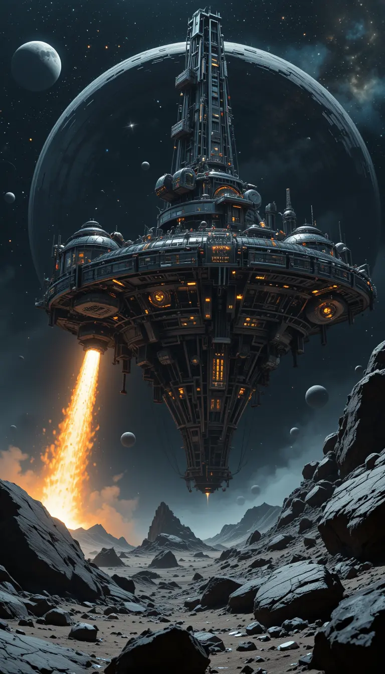 Steampunk Space Station Mining Asteroids In Deep Space