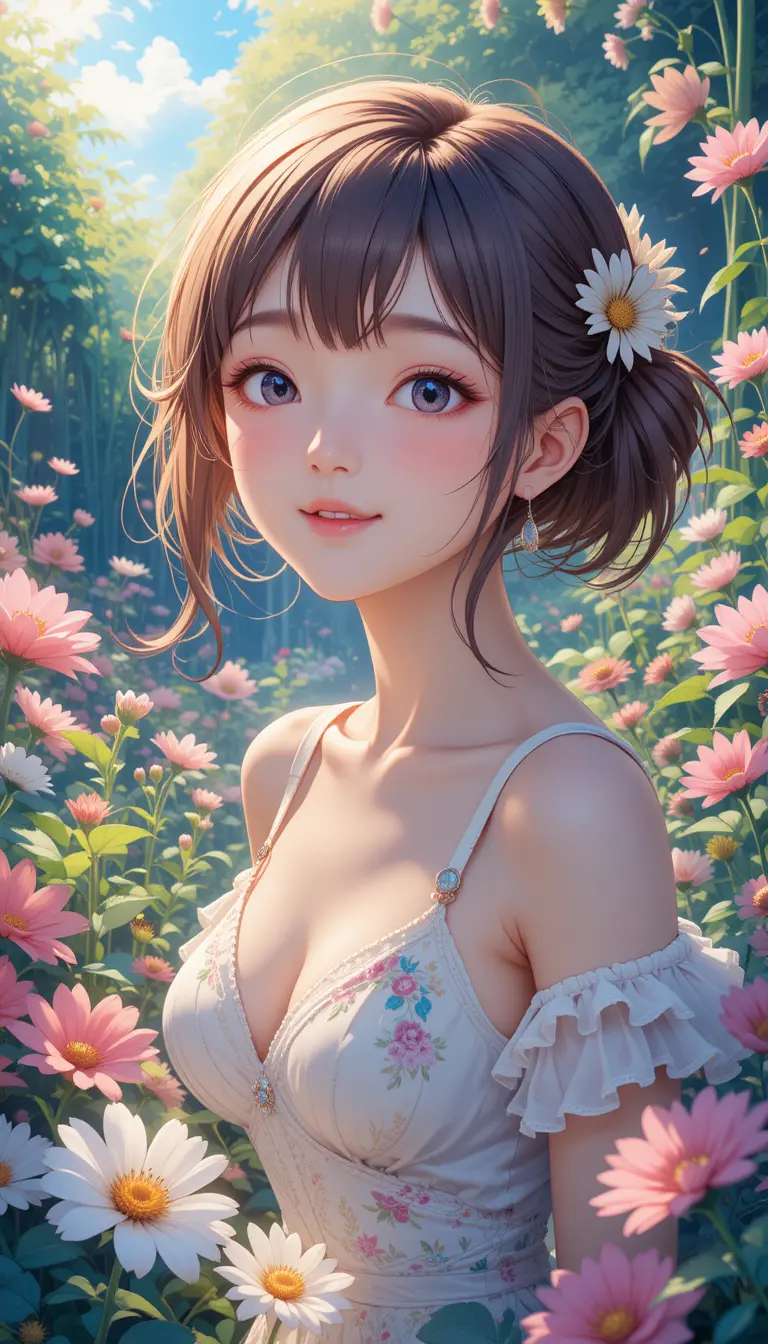 Cheerful anime girl in a sunlit garden with flowers