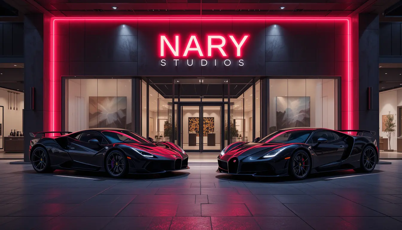 3D neon building logo with luxury sports cars