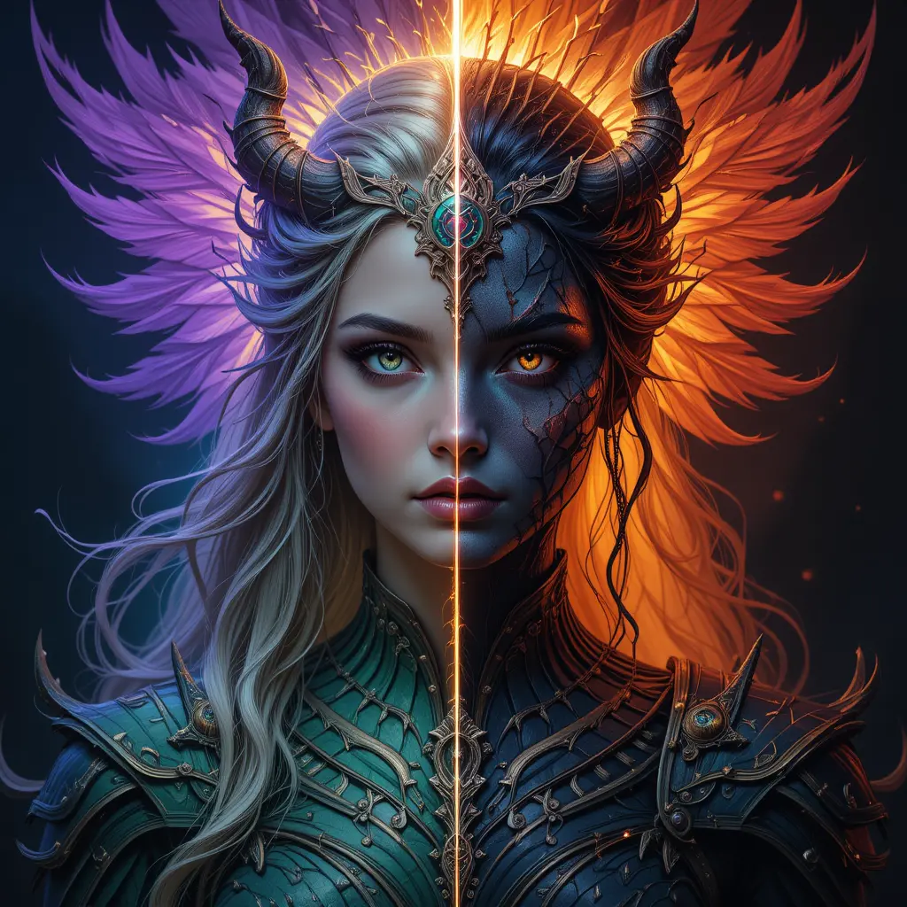 Dual valkyrie portrait split between light and shadow