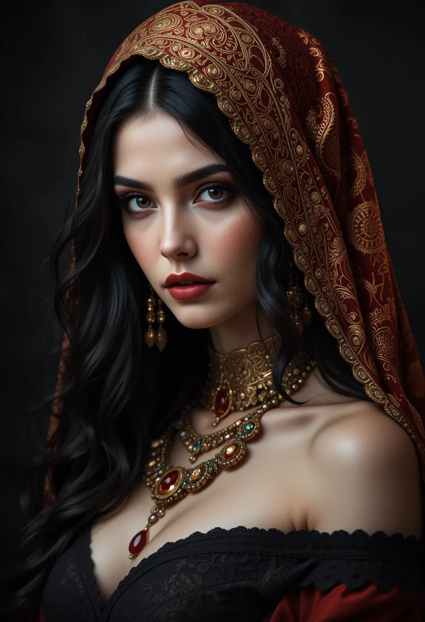 Mysterious woman in red headscarf with ornate gold jewelry