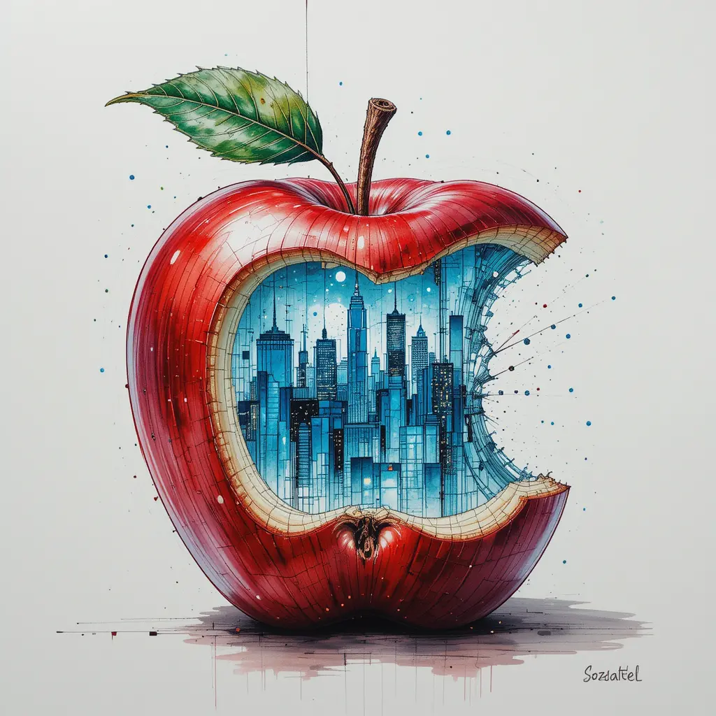 Surreal red apple city with glowing azure glass