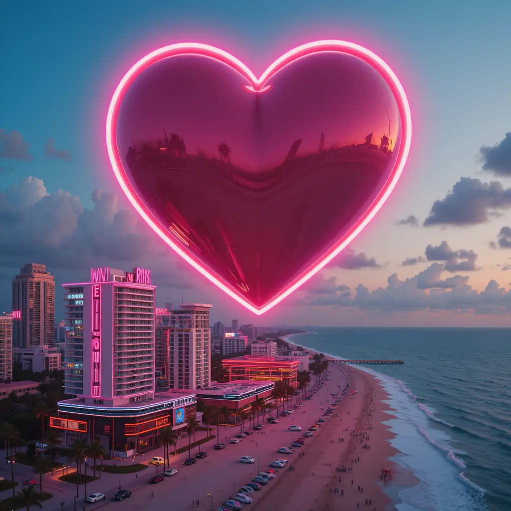 Giant glowing heart above neon Miami ocean drive skyline