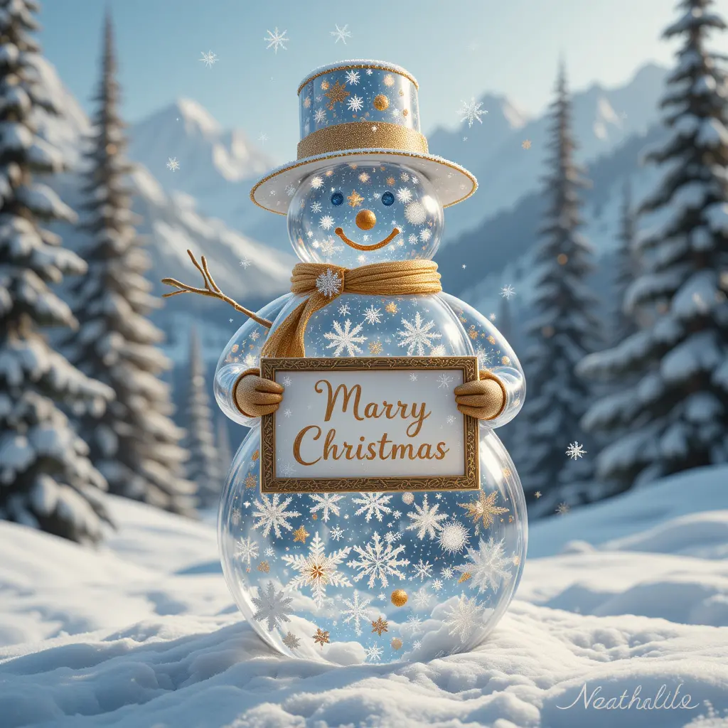 Transparent snowman illustration in a magical winter landscape