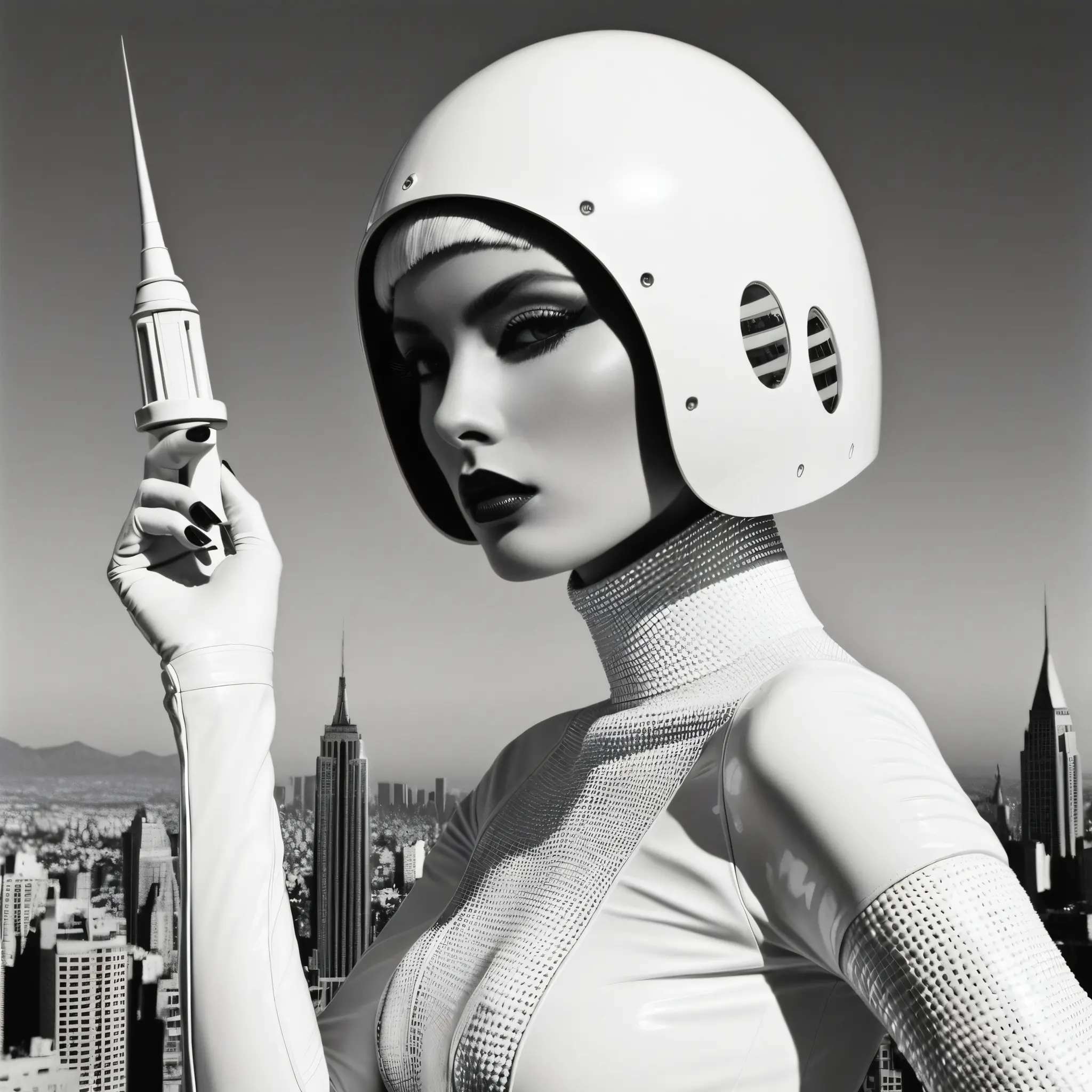 Surreal fashion woman in a futuristic martian metropolis