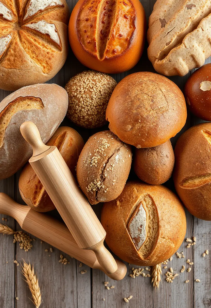 Artistic top down display of assorted rustic breads