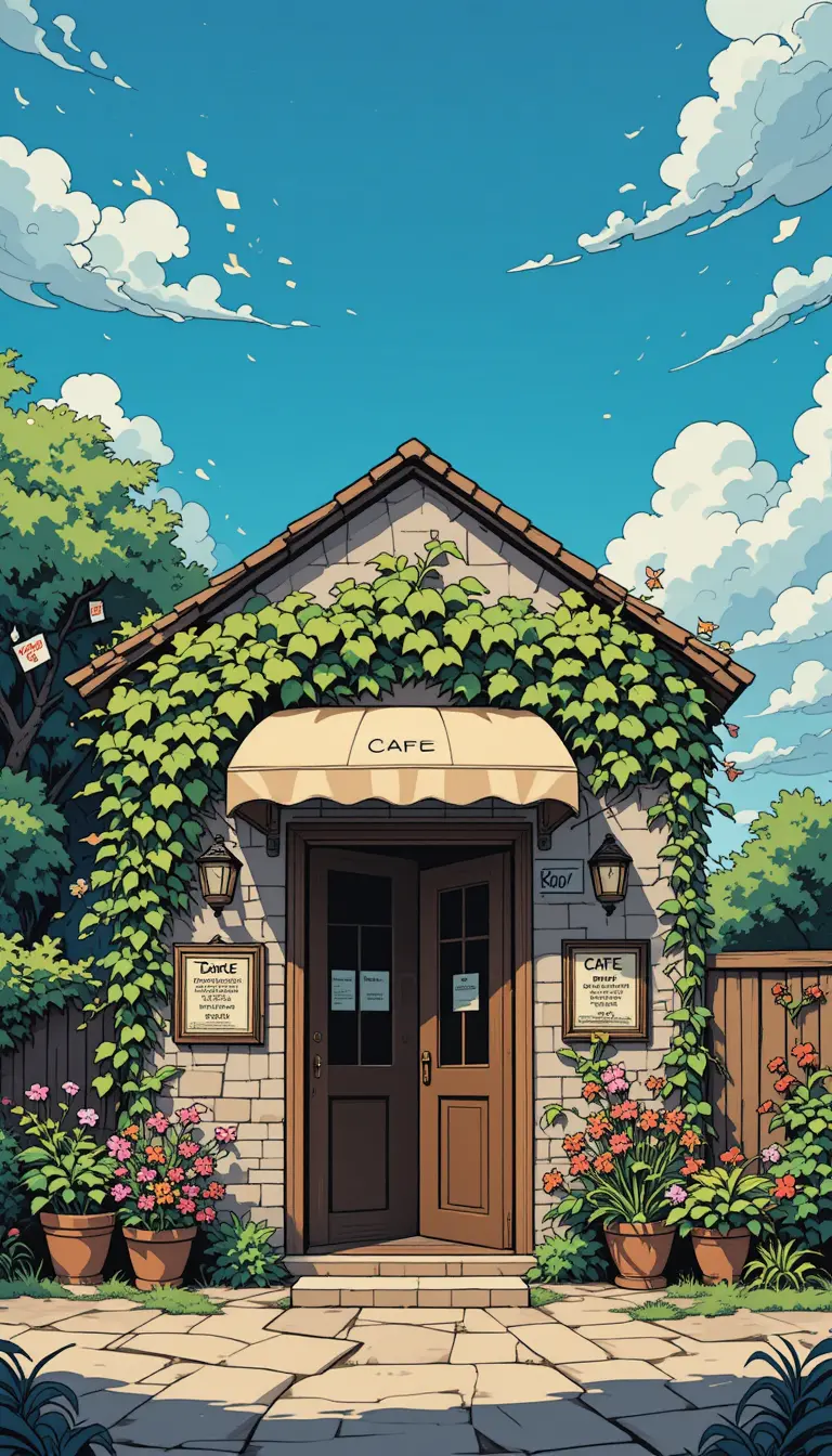 Cartoon street cafe with ivy covered facade and open door