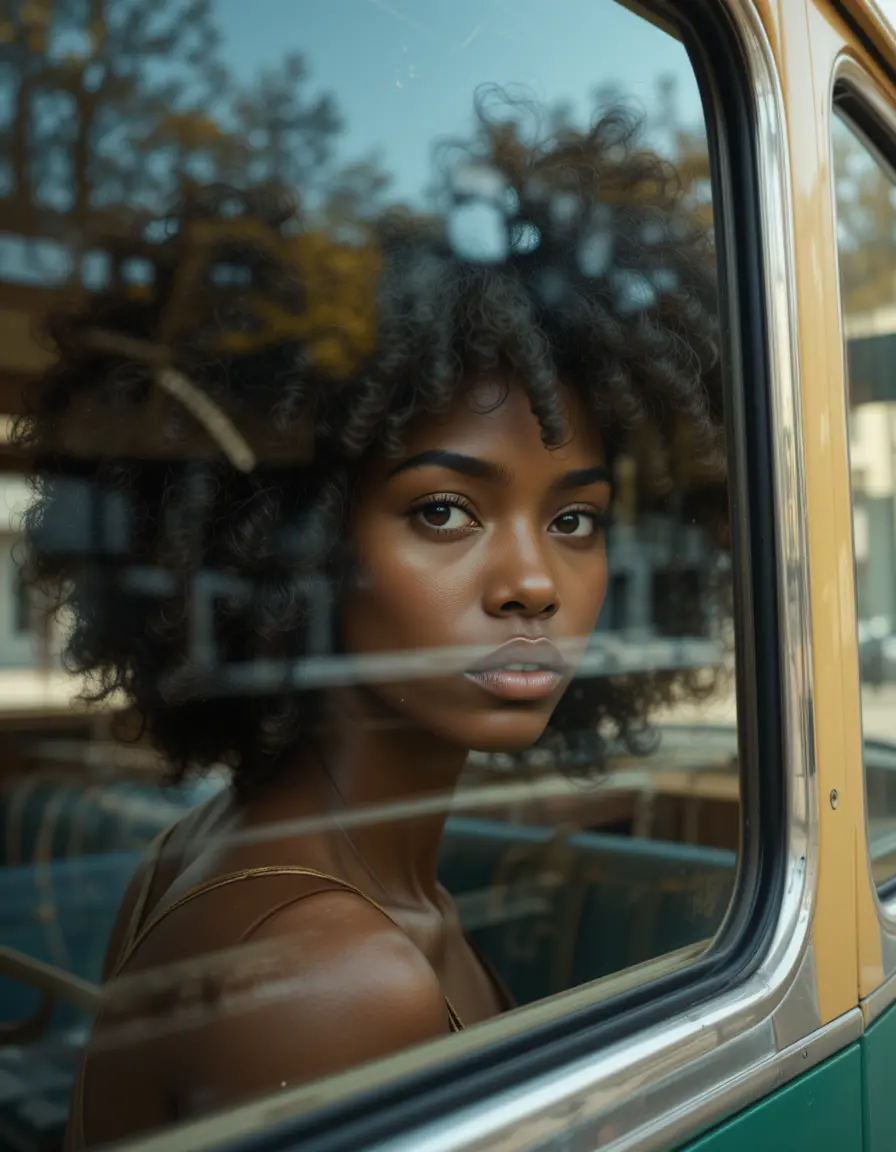 Young woman with afro on vintage bus window