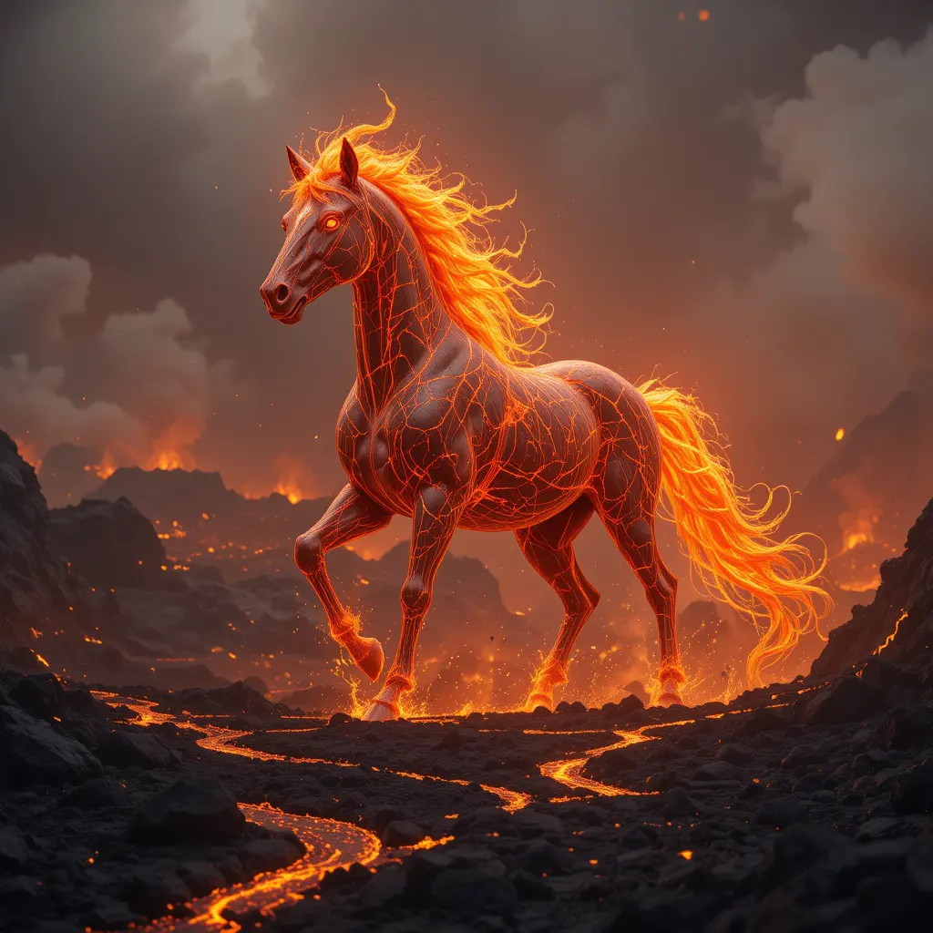 Fiery Lava Horse Galloping Through Volcanic Landscape