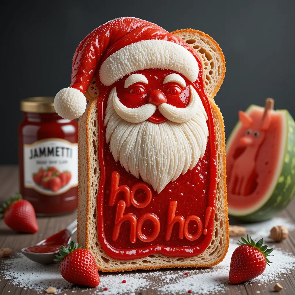 Baguette toast santa made from bright red strawberry jam