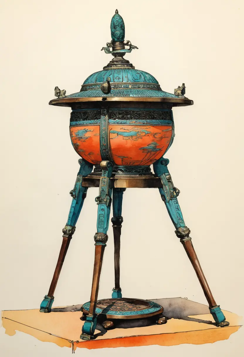 Antique Chinese bronze tripod in colorful ink sketch style