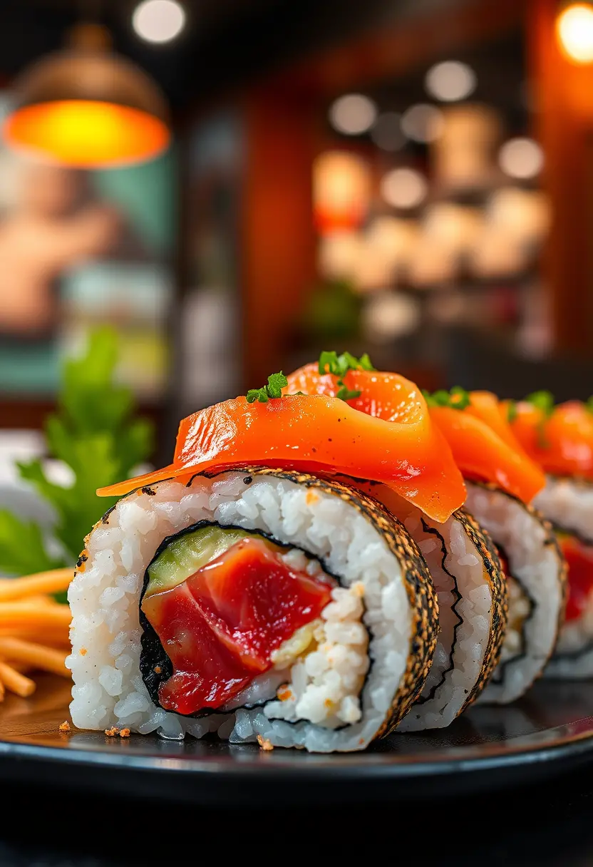 Close up cinematic view of spicy tuna sushi roll