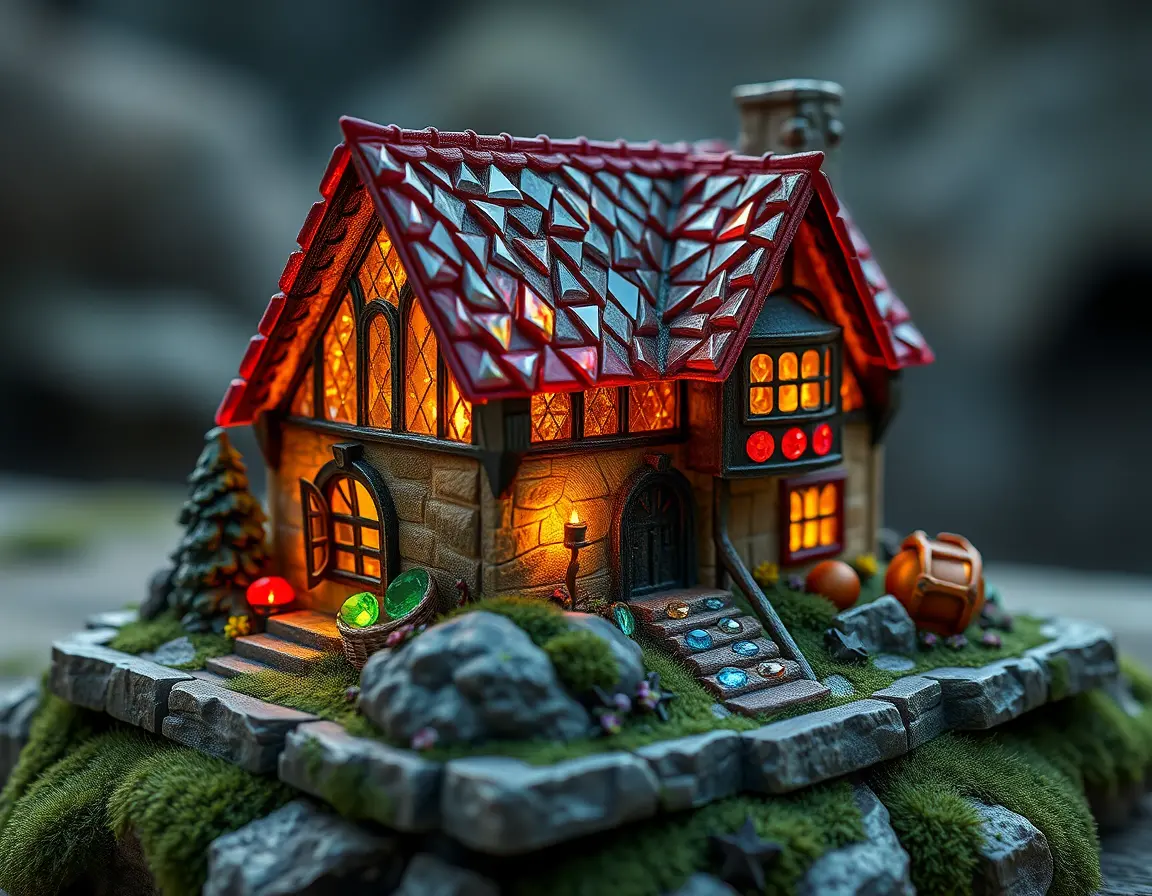 Photorealistic miniature diamond house in a fantasy landscape