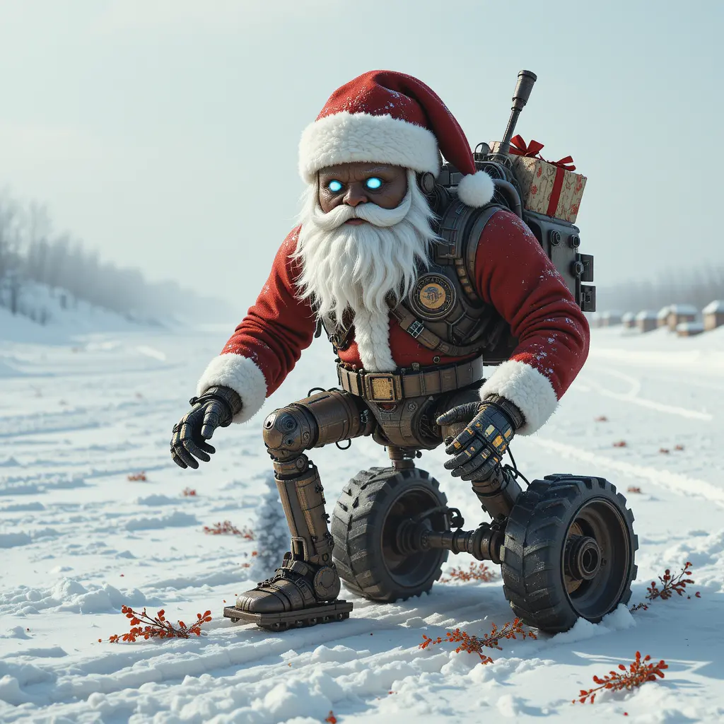 Post apocalyptic robot santa with gifts in snowy landscape