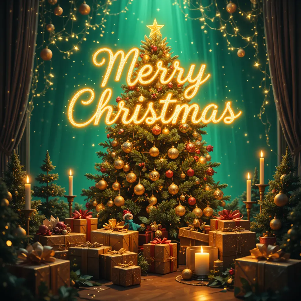Glowing Christmas Tree With Gifts And Festive Candlelight