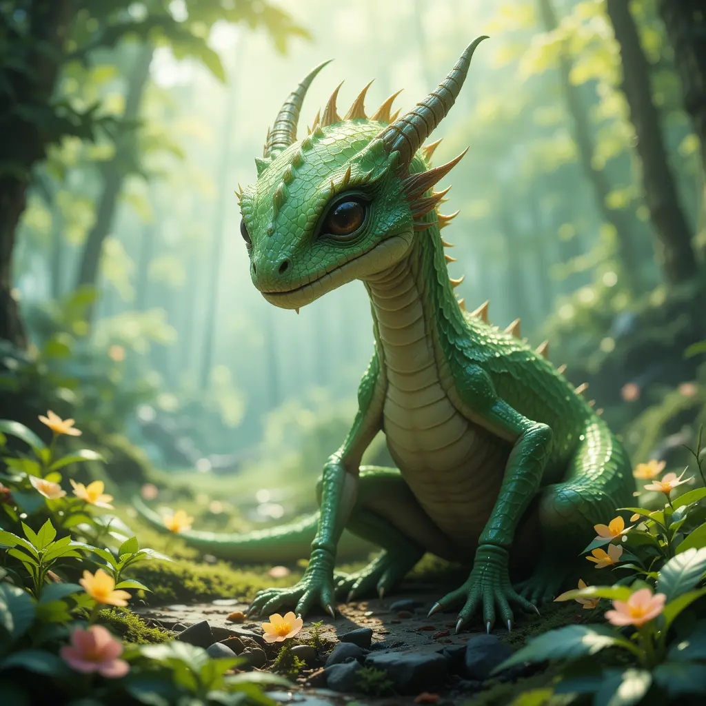Fantasy dragon resting in a sunlit green forest