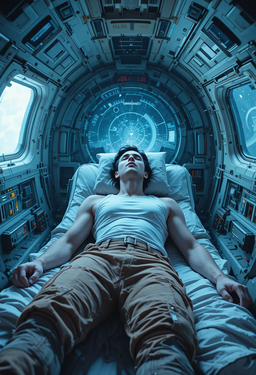 Man awakening alone inside a mysterious spaceship interior