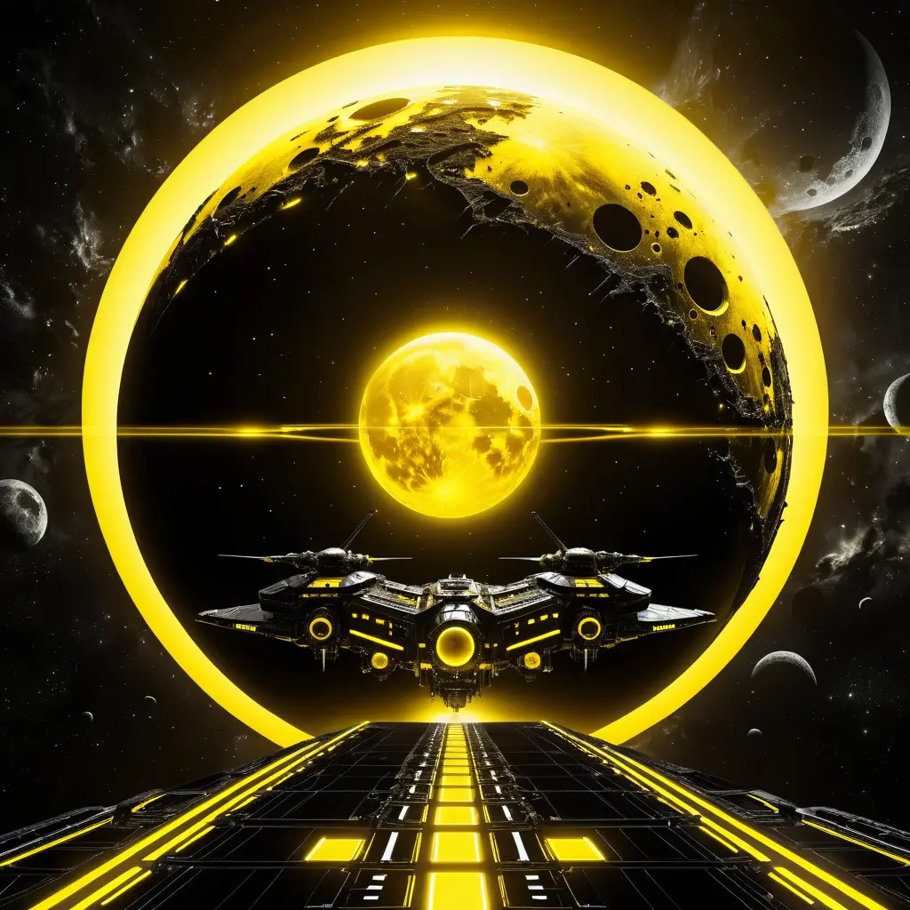 Futuristic mechanical moon glowing in yellow cosmic storm