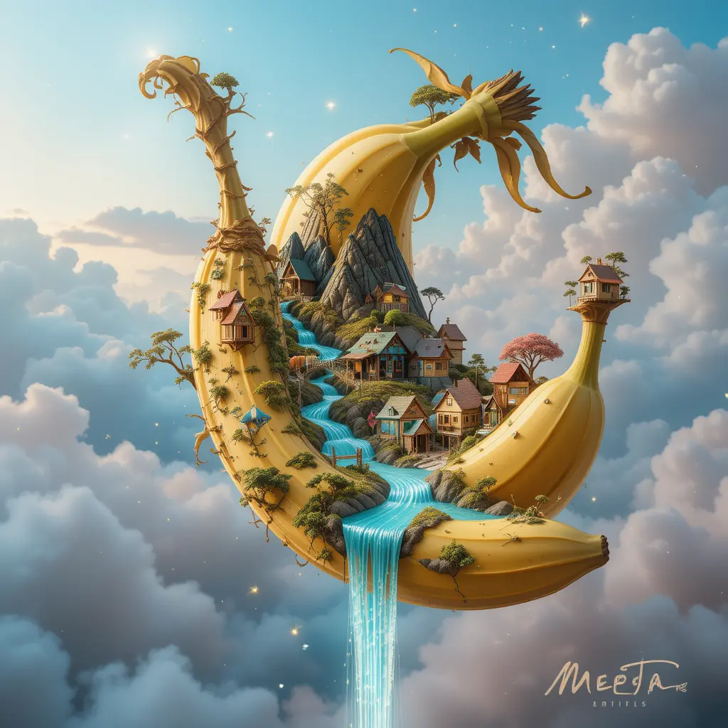 Surreal Banana Tree With Tiny Fantasy City Inside