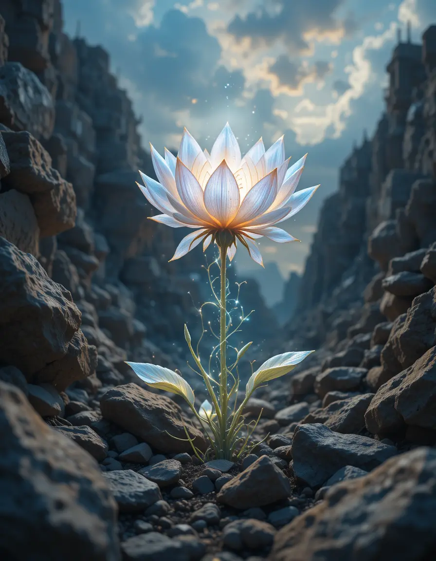 Mystical glowing flower rising from ancient stone landscape