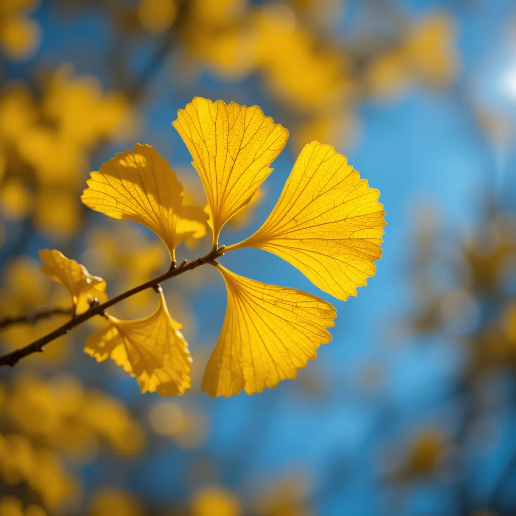 Macro ginkgo leaves glowing in sunlight against blue sky