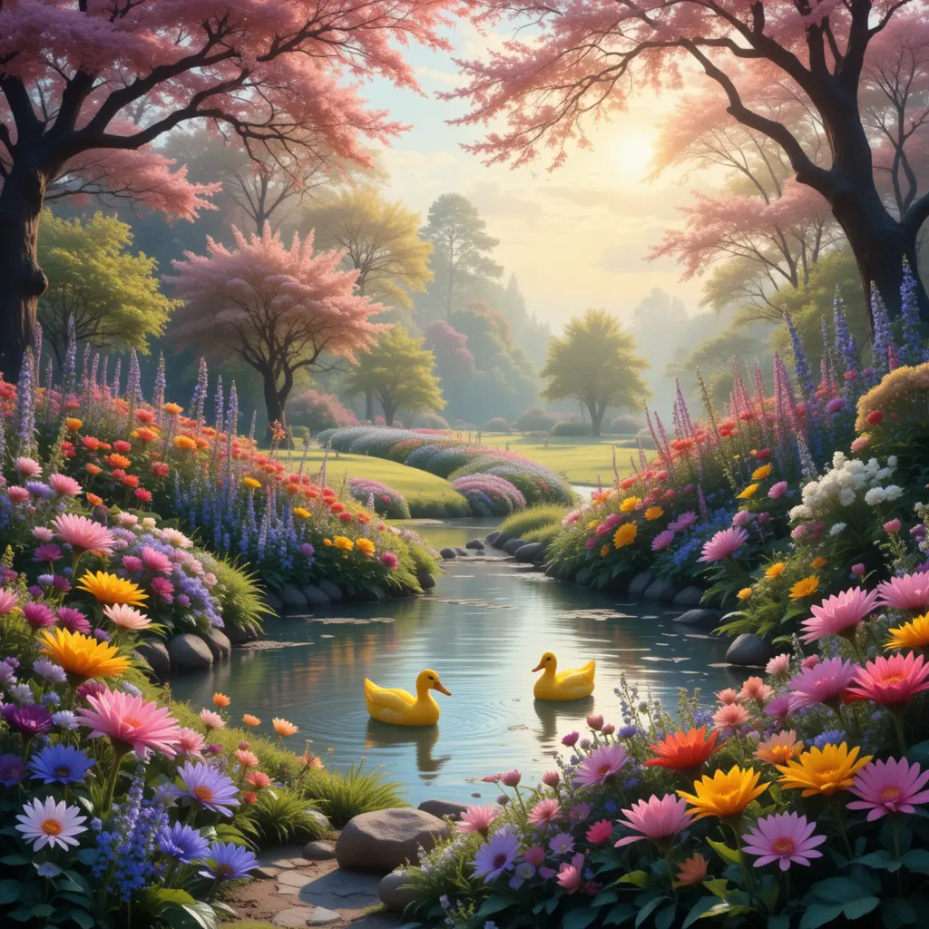 Colorful flower garden with a tiny duck pond