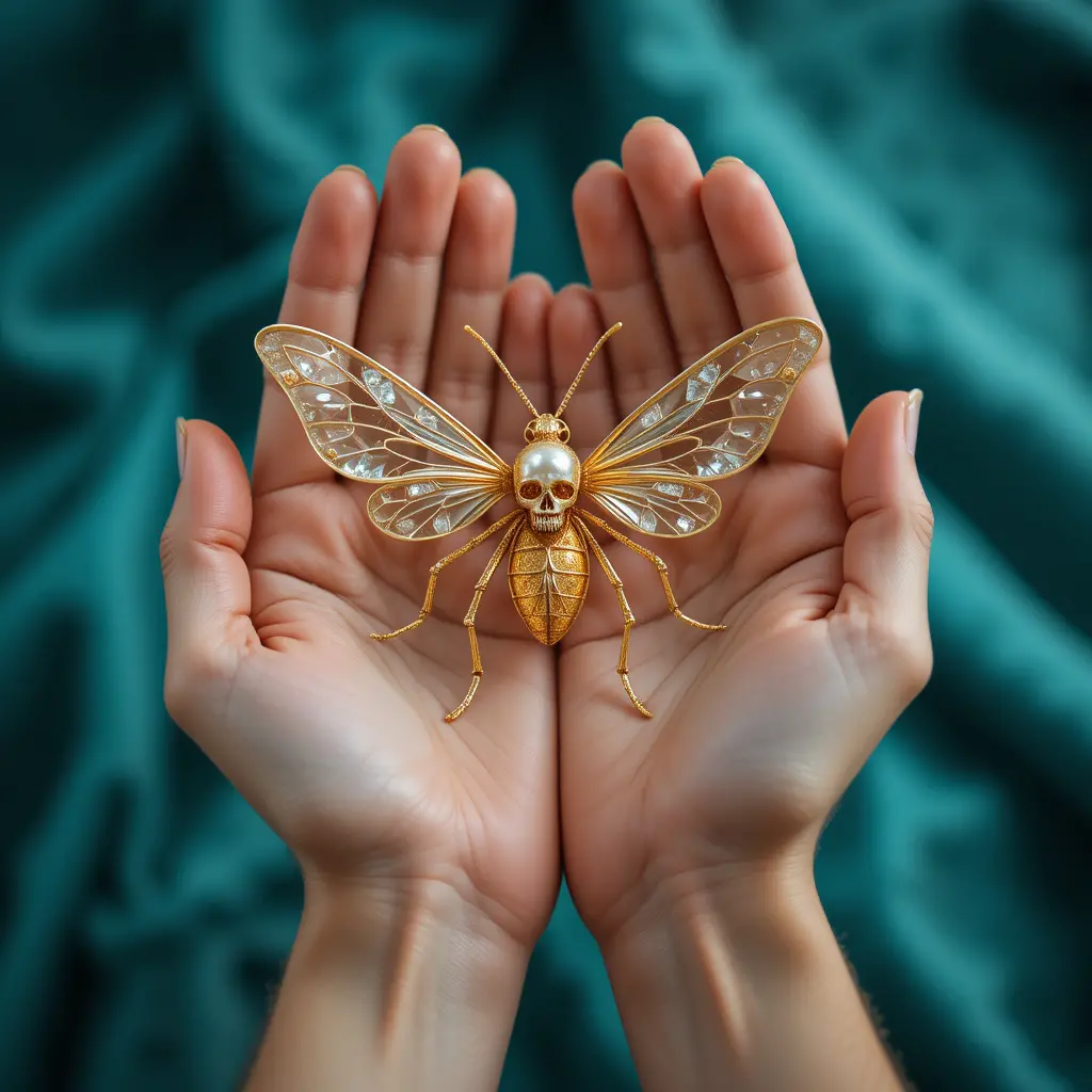 Hands holding gold insect sculpture with crystal details