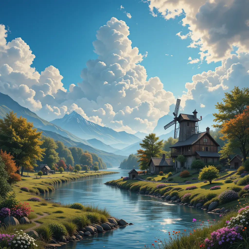 Fantasy riverside watermill among cottages and trees