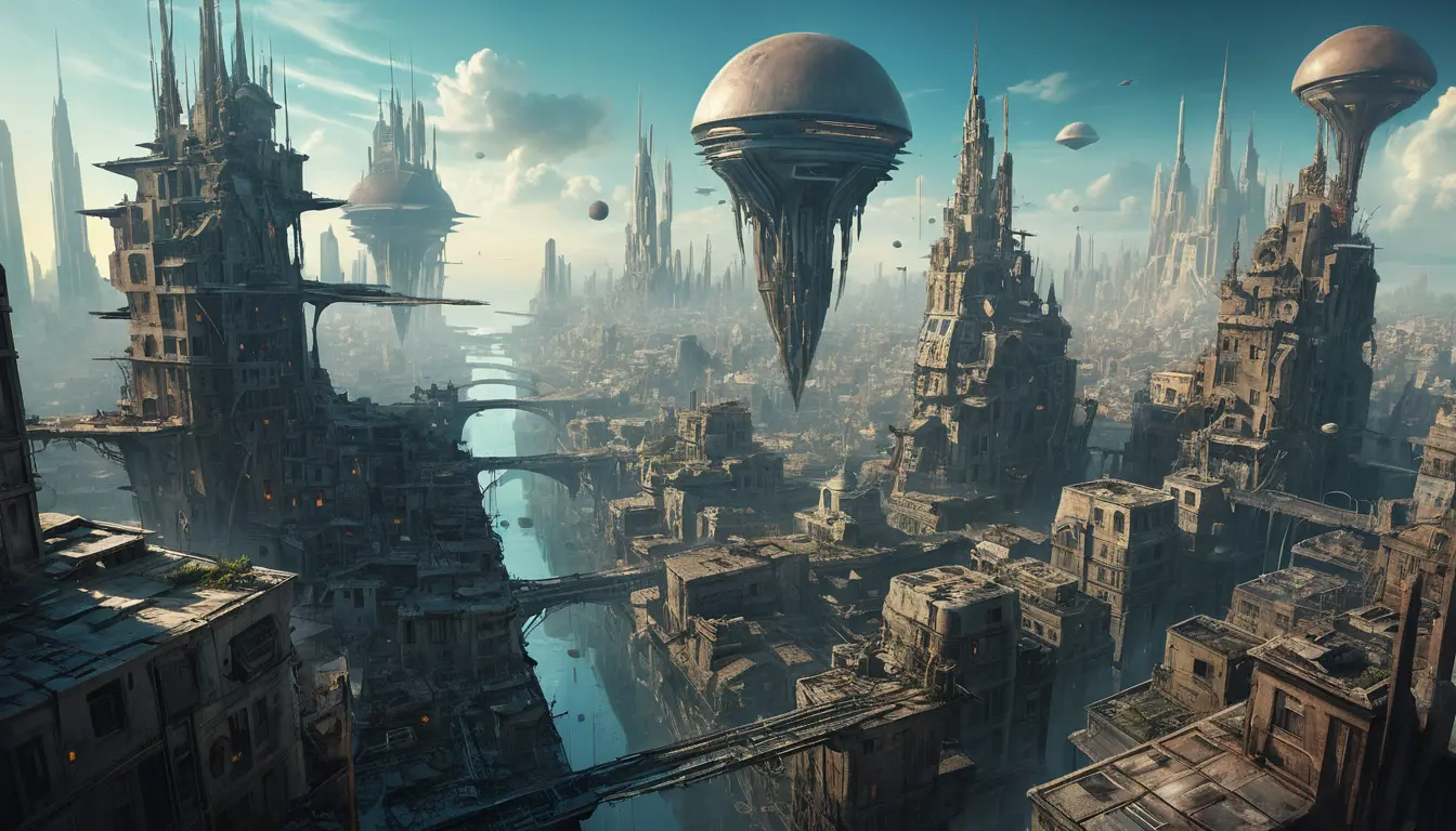 Surreal futuristic cityscape with floating alien ruins