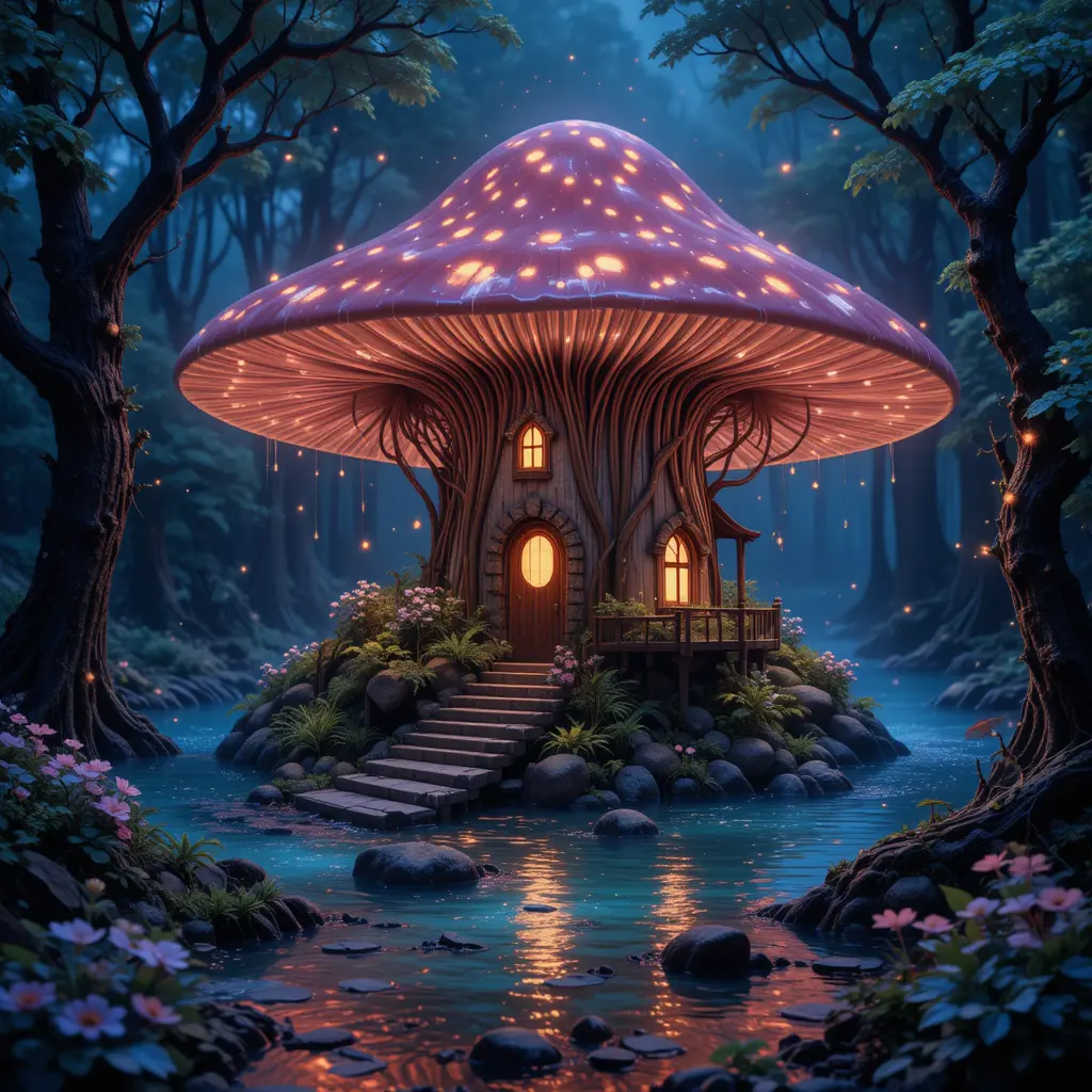 Mystical Bioluminescent Mushroom House In Enchanted Forest