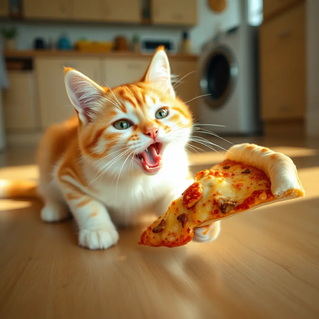 Playful cat eating pizza on a sunlit kitchen floor
