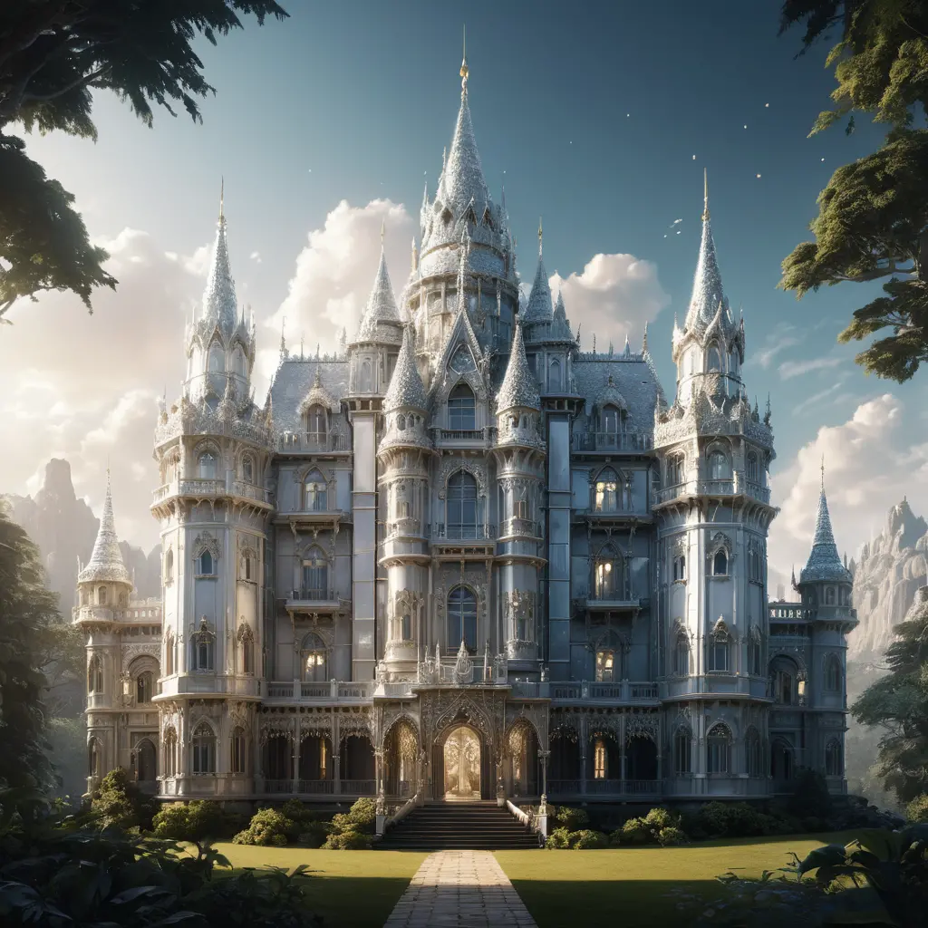 Majestic Silver Mythological Palace With Shimmering Turrets