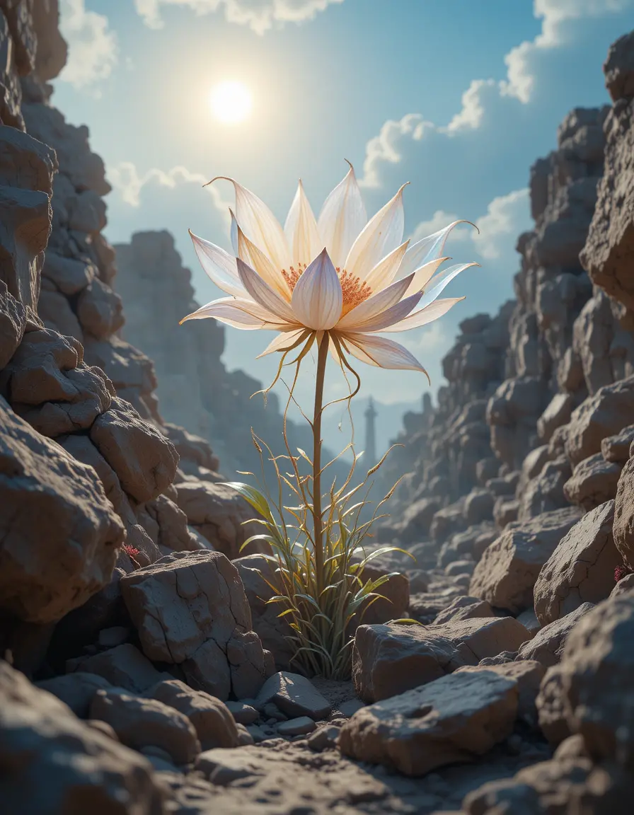 Mystical flower rising from ancient stone toward sunlight