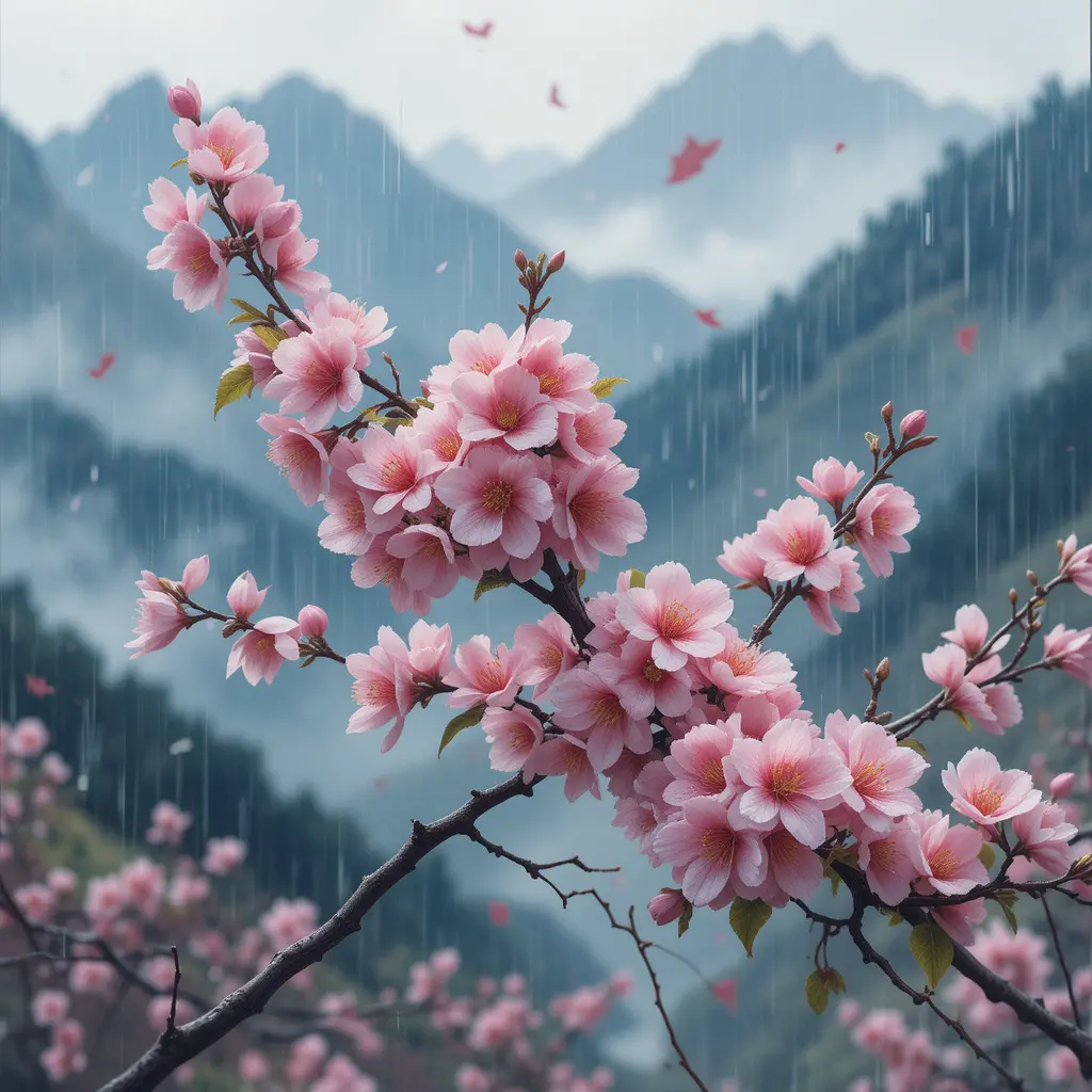Plum blossoms blooming in rain on a misty mountainside