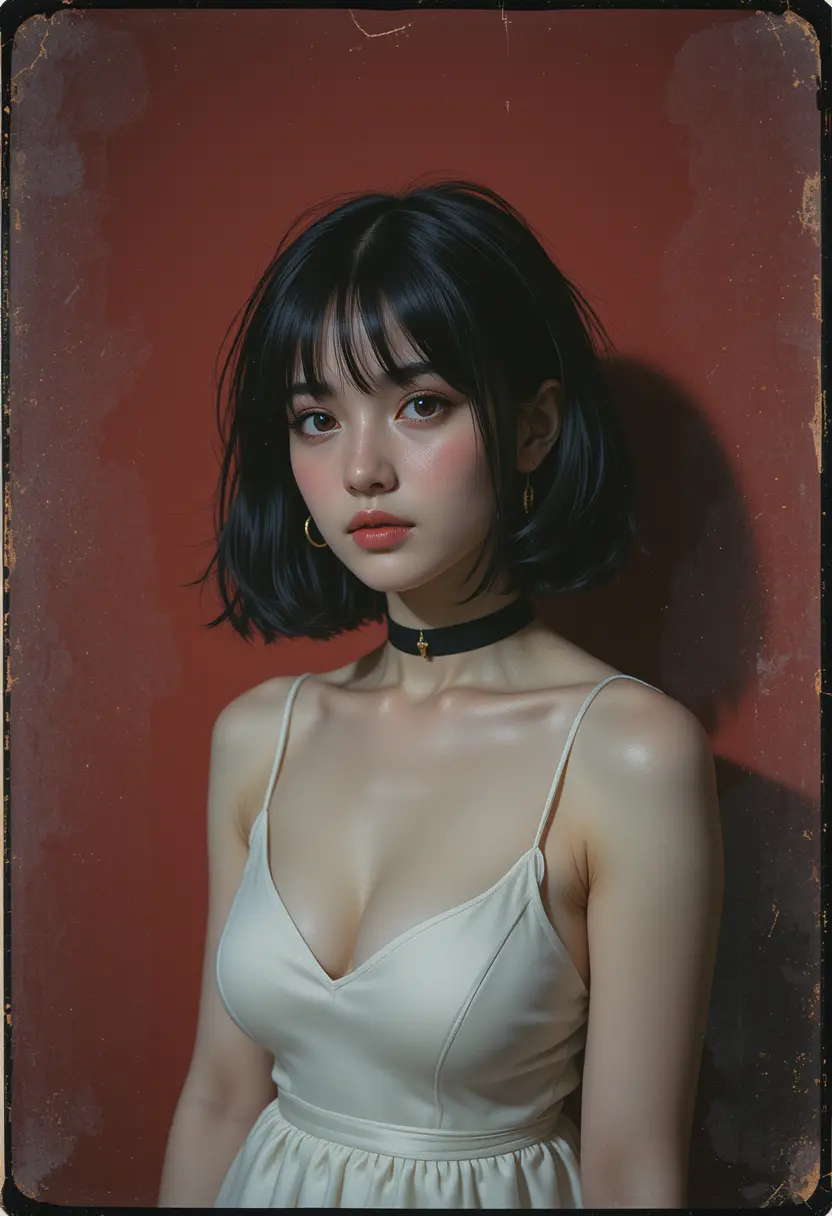 Analog portrait of a cute black haired girl in satin