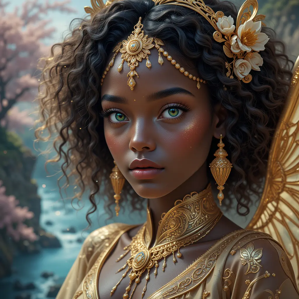 Angelic African woman with glowing golden aura
