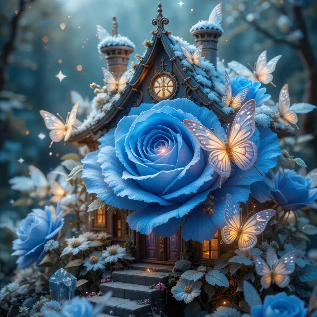 Whimsical Fairy House With Blue Roses And Butterflies