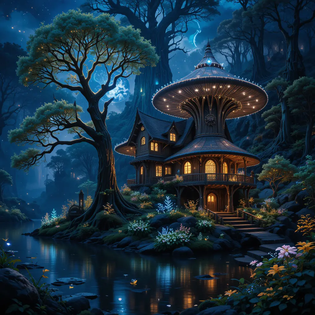 Mystical bioluminescent mushroom house glowing in the night forest