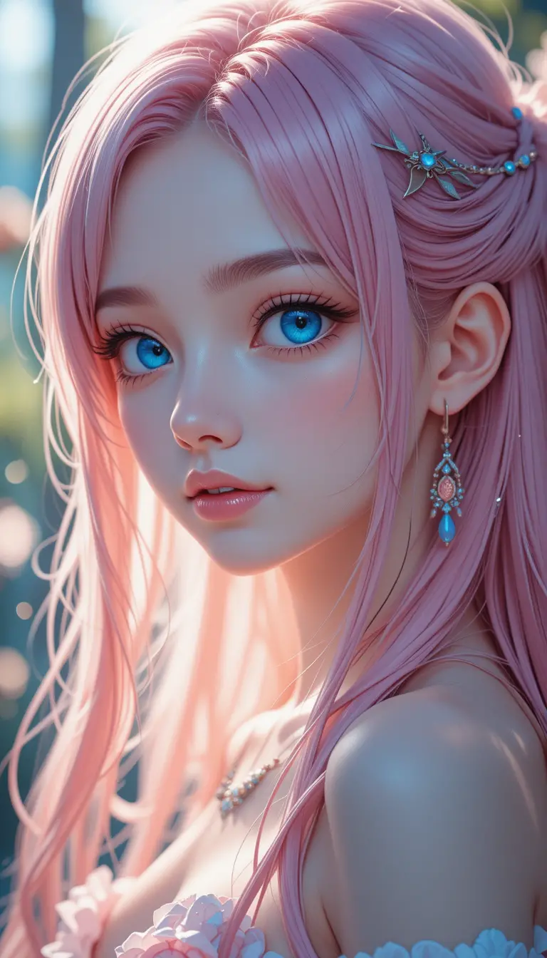 Anime girl with pink hair in soft glowing close up
