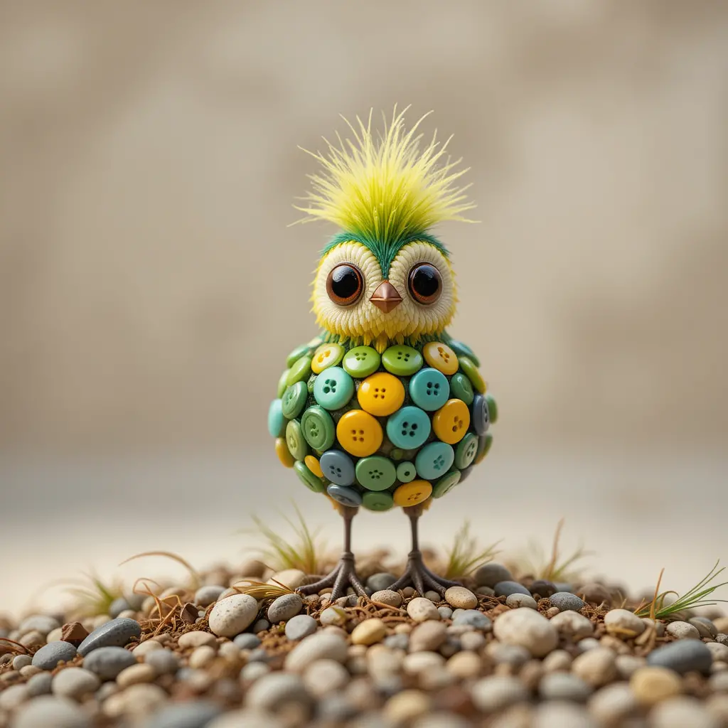 Whimsical button bird on stones and dried grass
