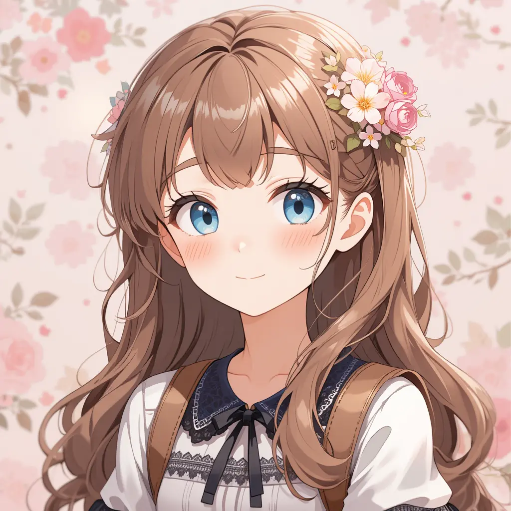 Anime girl with flowers and brown hair on pink background