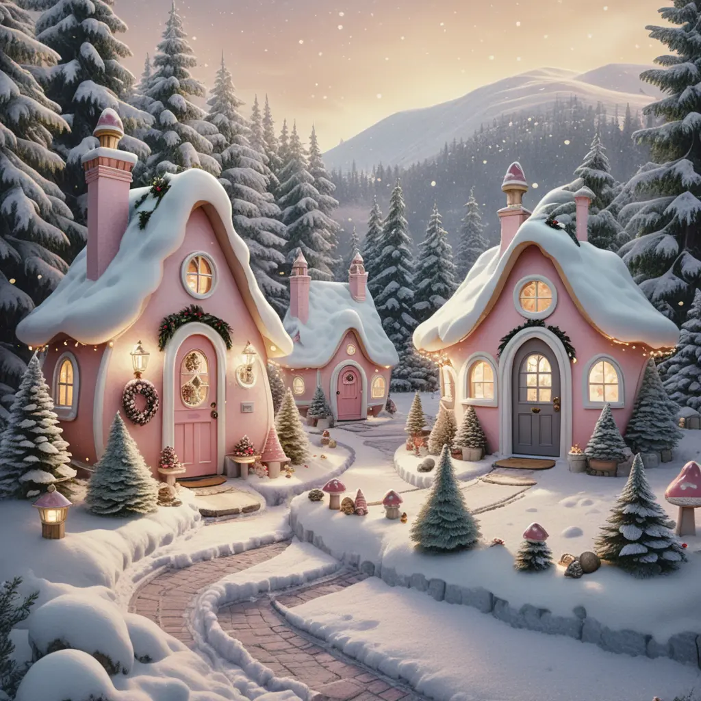 Whimsical gnome houses in a magical christmas village