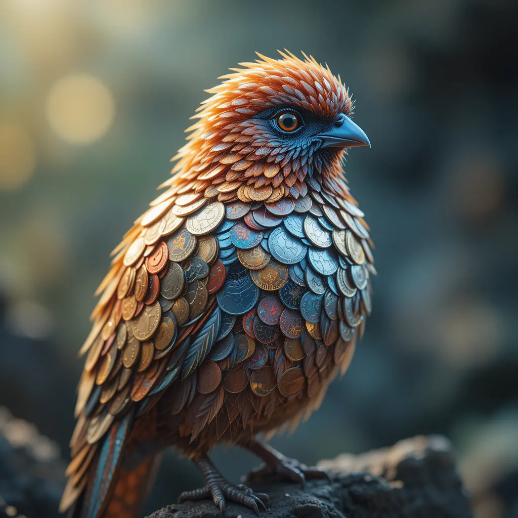 Colorful digital painting of a fantasy bird made of coins