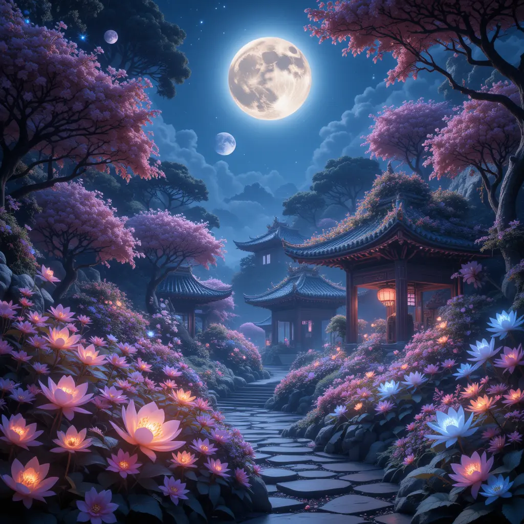 Dreamlike fantasy garden with glowing flowers and full moon